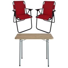 Bofigo Katlanır Çam Desenli 60x80 cm Masa + Katlanır Kırmızı 2 Adet Sandalye Kamp Seti