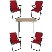 Bofigo Katlanır Çam Desenli 60x80 cm Masa + Katlanır Kırmızı 4 Adet Sandalye Kamp Seti