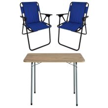 Bofigo Katlanır Çam Desenli 60x80 cm Masa + Katlanır Mavi 2 Adet Sandalye Kamp Seti