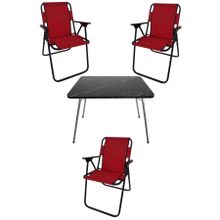 Bofigo Katlanır Granit Desenli 60x80 cm Masa + Katlanır Kırmızı 3 Adet Sandalye Kamp Seti