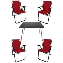 Bofigo Katlanır Granit Desenli 60x80 cm Masa + Katlanır Kırmızı 4 Adet Sandalye Kamp Seti