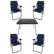 Bofigo Katlanır Granit Desenli 60x80 cm Masa + Katlanır Mavi 4 Adet Sandalye Kamp Seti