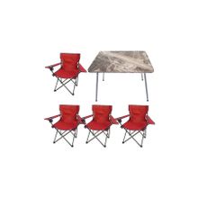 Bofigo Katlanır Mermer 60x80 cm Masa + Katlanır Kırmızı 4 Adet Sandalye Kamp Seti