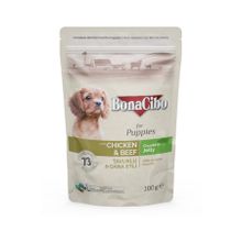 BonaCibo Jöleli Tavuklu Dana Etli Yaş Pouch 12x100 gr Yetişkin Yavru Köpek Maması
