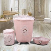 Bonny Home Shems Pudra 3'lü Kadife Banyo Kirli Çamaşır Sepeti Seti