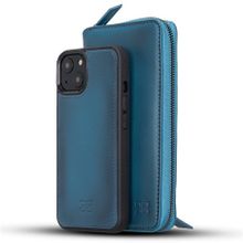 Bouletta BRN4EF Mavi Apple iPhone 13 Uyumlu Deri Fermuarlı Cüzdan Kılıf