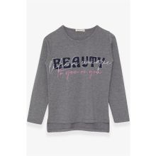 Breeze Koyu Gri Melanj 10-16 YaşUzun Kollu Taşlı Yazı Baskılı Kız Çocuk T-shirt