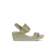 Bueno Shoes 01WA0400 Haki Deri Kadın Dolgu Topuklu Sandalet
