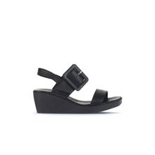 Bueno Shoes 01WA0400 Siyah Deri Kadın Dolgu Topuklu Sandalet