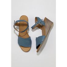 Bueno Shoes 01WQ8601 Mavi Deri Kadın Dolgu Topuklu Sandalet