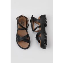 Bueno Shoes 01WY8305 Siyah Kahverengi Deri Kadın Dolgu Topuklu Sandalet
