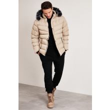 Buratti 5761080 B Taş Slim Fit Suni Kürklü Peluş Astarlı Çıkarılabilir Kapüşonlu Şişme Erkek Mont