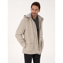 Cacharel 50311425-VR011 Erkek Bej Yün Karışımlı Kapüşonlu Flanel Kaşe Mont