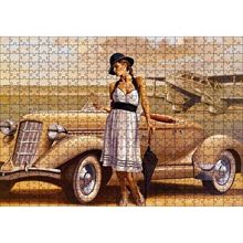 Cakapuzzle Antika Araba Uçak ve Beyaz Elbiseli Kadın 120 Parça Ahşap Puzzle