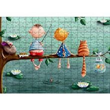 Cakapuzzle Dalda Balık Tutan Çocuklar ve Kedi İllüstrasyon 120 Parça Ahşap Puzzle
