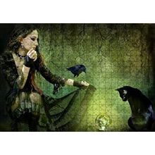 Cakapuzzle Gotik Kız Kara Kedi Karga ve Cam Küre 120 Parça Ahşap Puzzle