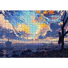 Cakapuzzle Günbatımı Deniz Yelkenliler Kız ve Alacalı Gökyüzü 120 Parça Ahşap Puzzle