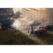 Cakapuzzle Günbatımında Kız Araba Kuzu ve Bulutlu Gökler 120 Parça Ahşap Puzzle