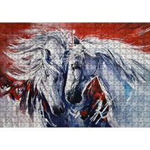 Cakapuzzle İki Beyaz Kısrak Kırmızı Arkaplan 120 Parça Ahşap Puzzle