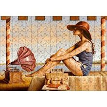 Cakapuzzle Lacivert Mayolu Kadın ve Gramofon 120 Parça Ahşap Puzzle