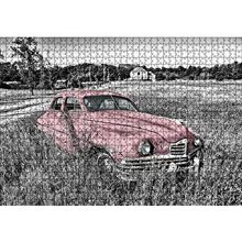 Cakapuzzle Siyah Beyaz Çayırlardaki Eski Kırmızı Araba 120 Parça Ahşap Puzzle