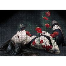 Cakatablo Kırmızı Güller Genç Kadın ve Siyah Kelebek 1000 Parça Puzzle