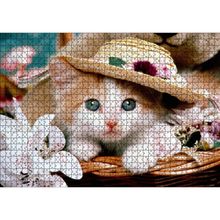 Cakatablo Sepette Şapkalı Yavru Kedi ve Çiçekler 1000 Parça Puzzle