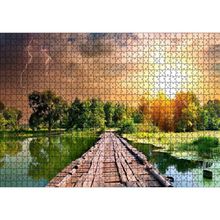 Cakatablo Tahta Köprü Göl Ağaçlar Bulutlu Güneş Görseli 1000 Parça Puzzle