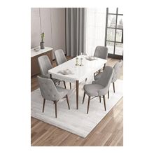 Canisa Are Serisi Beyaz Masa Ceviz Ayak MDF 80x132 Açılabilir Yemek Odası Takımı Gold Halkalı Gri 6 Sandalye