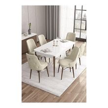 Canisa Are Serisi Beyaz Masa Ceviz Ayak MDF 80x132 Açılabilir Yemek Odası Takımı Gümüş Halkalı Krem 4 Sandalye