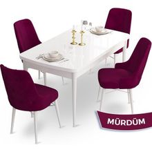 Canisa Concept Ahu Serisi 80x132 cm Açılabilir Beyaz Masa 4 Sandalye Mürdüm Mutfak Masa Takımı