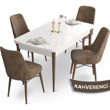 Canisa Concept Ahu Serisi 80x132 cm Açılabilir Beyaz Masa Ceviz Ayak 4 Sandalye Kahverengi Mutfak Masa Takımı