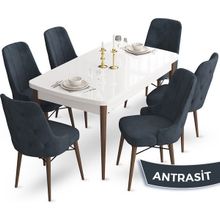 Canisa Concept Ahu Serisi 80x132 cm Açılabilir Beyaz Masa Ceviz Ayak 6 Sandalye Antrasit Mutfak Masa Takımı