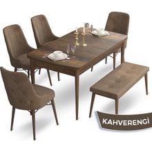 Canisa Concept Ahu Serisi 80x132 cm Açılabilir Masa Barok Ahşap Desen 4 Sandalye 1 Bench Kahverengi Mutfak Masa Takımı