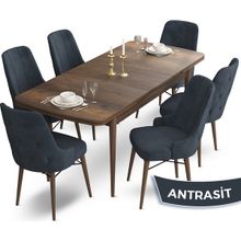 Canisa Concept Ahu Serisi 80x132 cm Açılabilir Masa Barok Ahşap Desen 6 Sandalye Antrasit Mutfak Masa Takımı