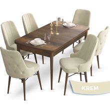 Canisa Concept Ahu Serisi 80x132 cm Açılabilir Masa Barok Ahşap Desen 6 Sandalye Krem Mutfak Masa Takımı