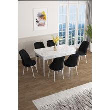 Canisa Concept Han Serisi 70x114 cm Beyaz Mermer Desen Masa Açılabilir 6 Sandalye Mdf Mutfak Masa Takımı