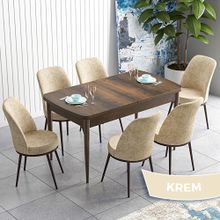 Canisa Han Serisi 70x114 Açılabilir Mdf Barok Ahşap Desen Masa Takımı ve 6 Adet Krem Sandalye