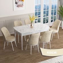 Canisa Han Serisi 70x114 Açılabilir Mdf Beyaz Mermer Desen Masa Takımı ve 6 Adet Krem Sandalye