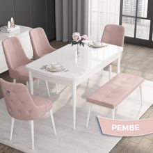 Canisa Nil Serisi Beyaz 70x110 CM Sabit Masa 4 Sandalye Pembe Mutfak Masası Takımı