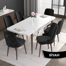 Canisa Nil Serisi Beyaz Mermer Desen 70x110 cm Sabit Masa 4 Sandalye Siyah Mutfak Masası Takımı