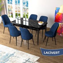 Canisa Zen Serisi Siyah Mermer Desen MDF 80x132 Açılabilir Mutfak Masası Takımı Lacivert 6 Sandalye