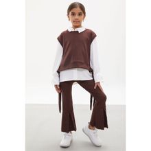 Cansın Mini 18170 Kahve Süveterli Gömlekli Boncuk Detaylı Yırtmaçlı Taytlı Kız Çocuk Takım