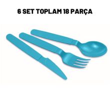 Çatal Bıçak Kaşık 6'lı Set Toplam 18 Parça Uzun Ömürlü Sert Plastik Çocuk Çatal Bıçak Kaşık Turkuaz