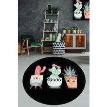 Chilai Home Happy Cactus Djt Siyah Çap Kaymaz Taban Yıkanabilir 140x140 cm Halı