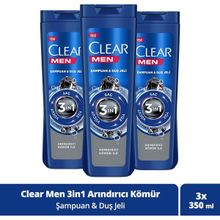 Clear Men 3 in 1 Arındırıcı Kömür 3x350 ml Saç Yüz Vücut İçin Şampuan & Duş Jeli