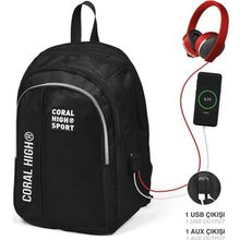 Coral High 23241 Sport Siyah Beş Bölmeli USB Şarjlı Kulaklık Çıkışlı Sırt Okul Çantası