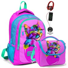 Coral High Coral High İlk ve Orta Okul ve Beslenme Çantası Seti - Kız Çocuk Pembe Sevimli Kedi - USB Soketli (Çok Renkli) Okul Çantası