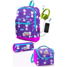 Coral High Kids Mor Pembe Kedi Desenli Usbli 3’lü Seti - Kiz Cocuk Okul Çanta