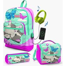 Coral High Kids Su Yeşili Pembe Kedi Desenli Usb'li 3’lü Okul Çanta Seti Set 23807 Okul Çanta